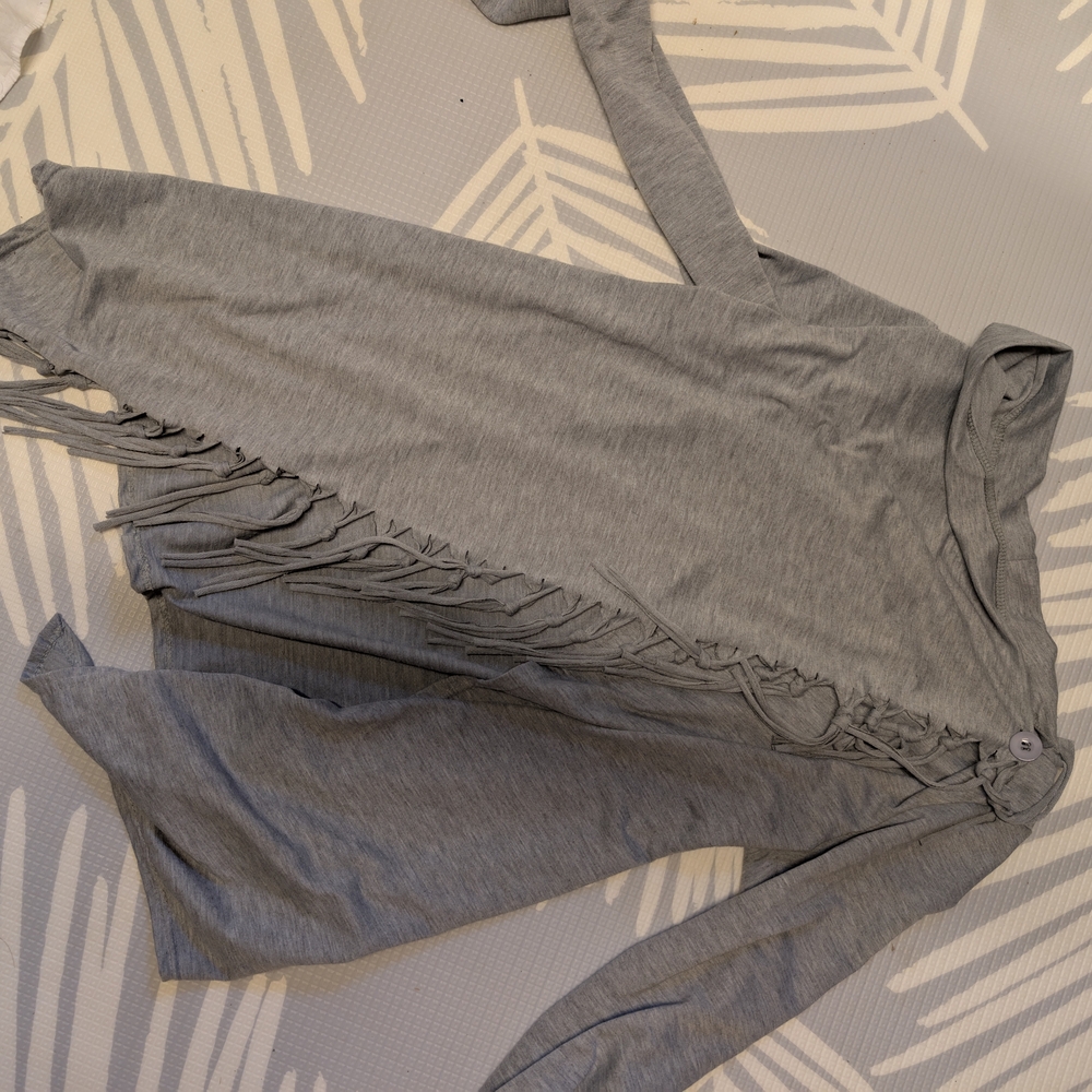 New York & Company Gray Long Sleeve Top with Fringe